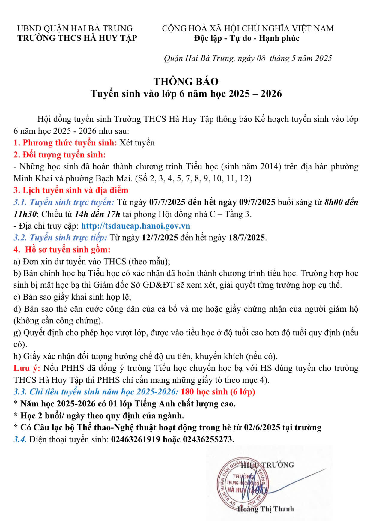 TRƯỜNG THCS HÀ HUY TẬP TRÂN TRỌNG THÔNG BÁO KẾ HOẠCH TUYỂN SINH LỚP 6 NĂM HỌC 2025 - 2026