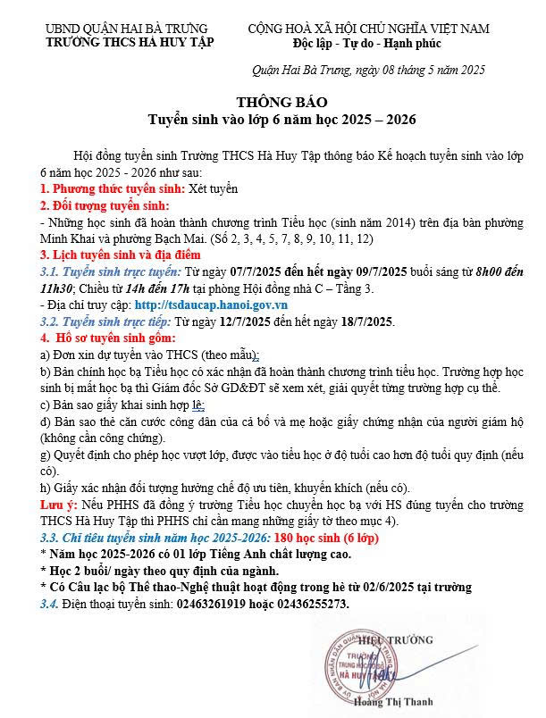 THÔNG BÁO TUYỂN SINH LỚP 6 - NĂM HỌC 2025–2026